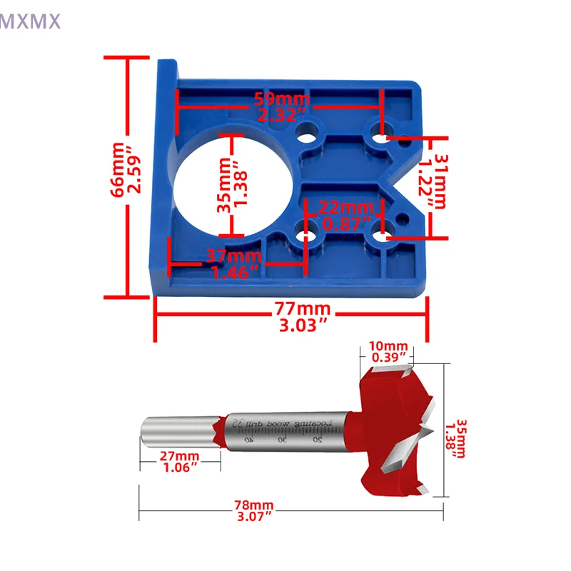 Guida per la perforazione del foro della cerniera da 35 mm Localizzatore di punte da trapano per maschera di perforazione della cerniera Lavorazione del legno Apri foro per porta Accessori per armadietti Strumenti