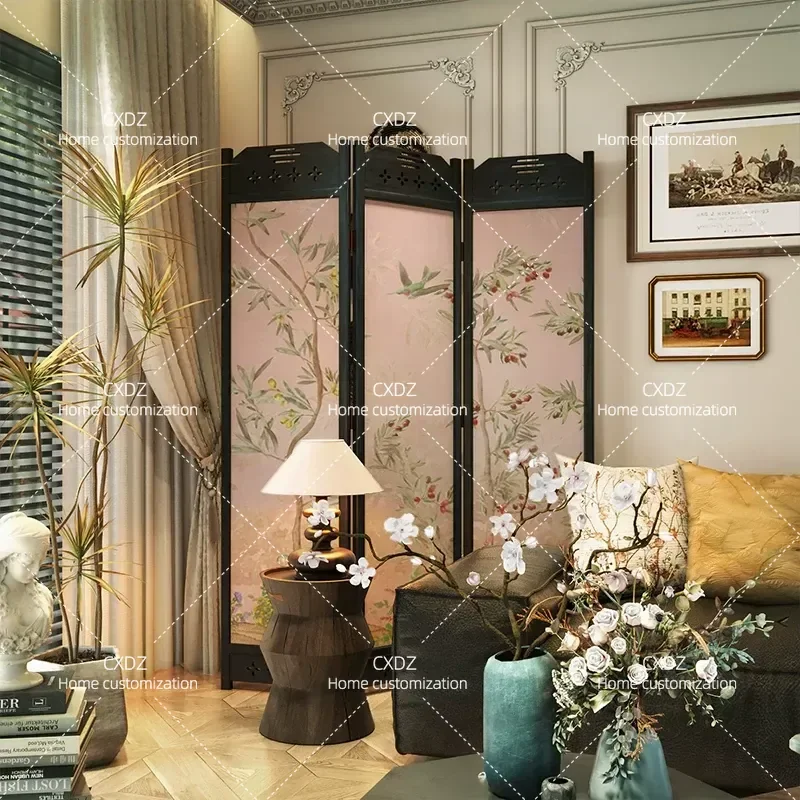 French Style Folding Screen Partition for Living Room Light Luxury Movable Room Divider for Small Apartment Sofa Background