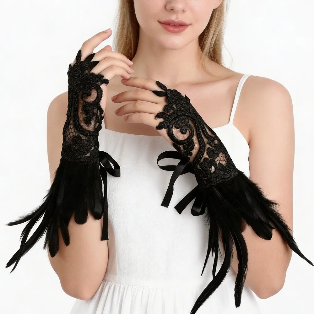 Creative Witch Halloween Feather Gloves Embroidery Lace Women Feather Lace Gloves Dark Fingerless Halloween Wristband Carnival