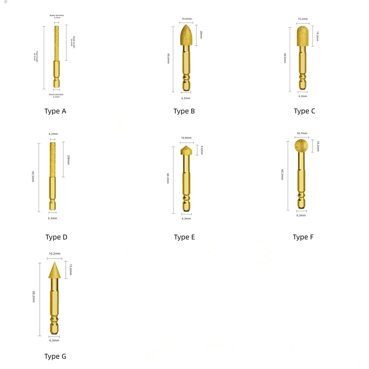 Carbide Alloy Diamond Grinding Head Hex Shank Rotary Burr for Metalworking Hard Material Stone Glass Grinding Polishing Carving