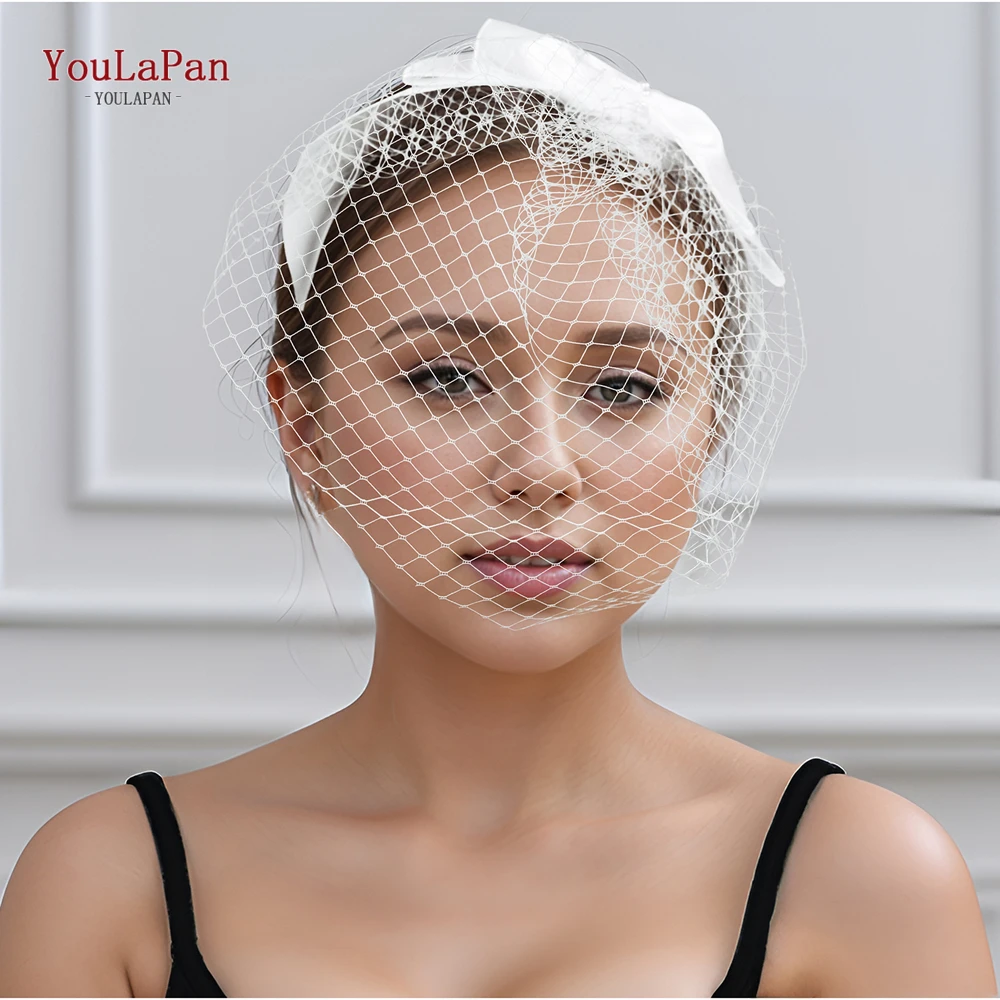 YouLaPan-velo corto con forma de jaula para pájaros, accesorio de boda para novia, velo de malla con rubor, lazo de satén, malla, Vestiti Eleganti Da Matrimonio VA03