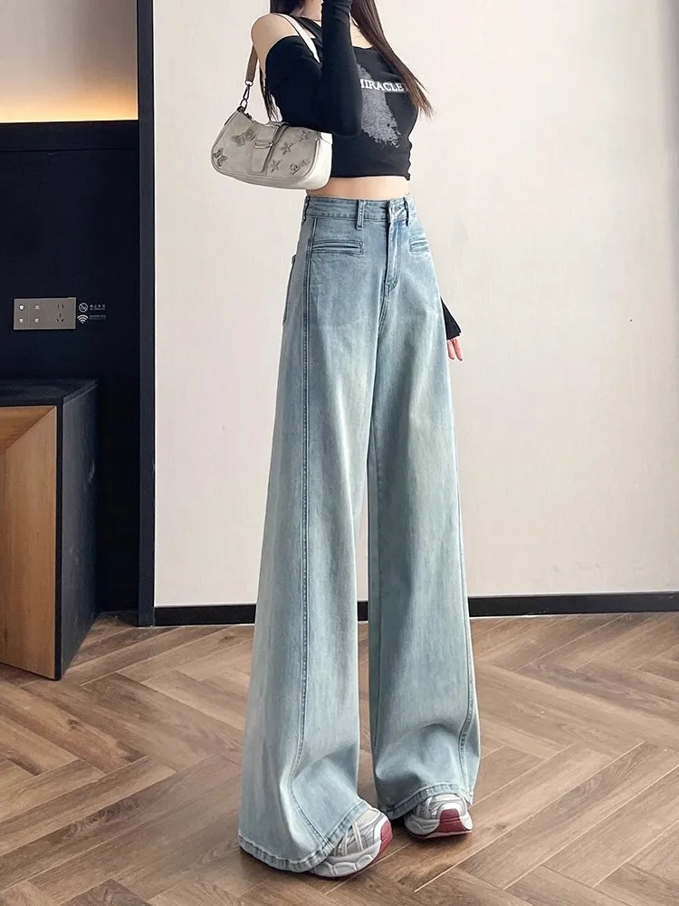 

Синие широкие джинсы из денима для женщин больших размеров, весенние, с высокой талией, свободного кроя, с эффектом стройности, модель «Сенсация Бенд Найф»