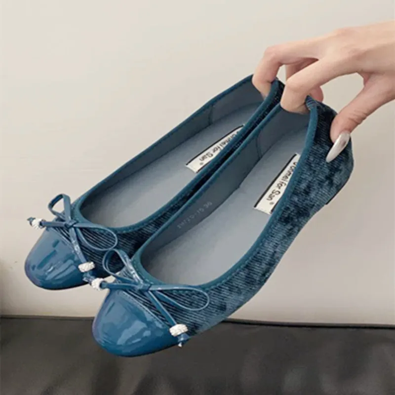 

Inner Height Increase Design Flat Shoes Women Leather Velvet Splicing Mules Shoes for Women Elegant Bow Decorative Ballet Flats