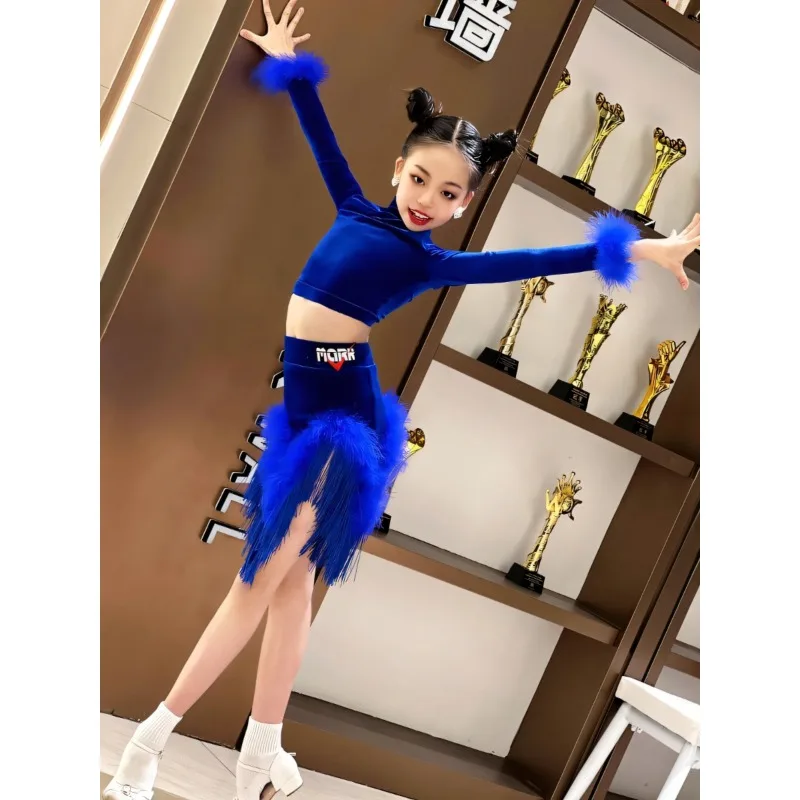 

Professional Latin Dance Two-piece Set Girls' Ballroom Dance Competition Dress Plush Long Sleeves New Arts Latin Dance Dress