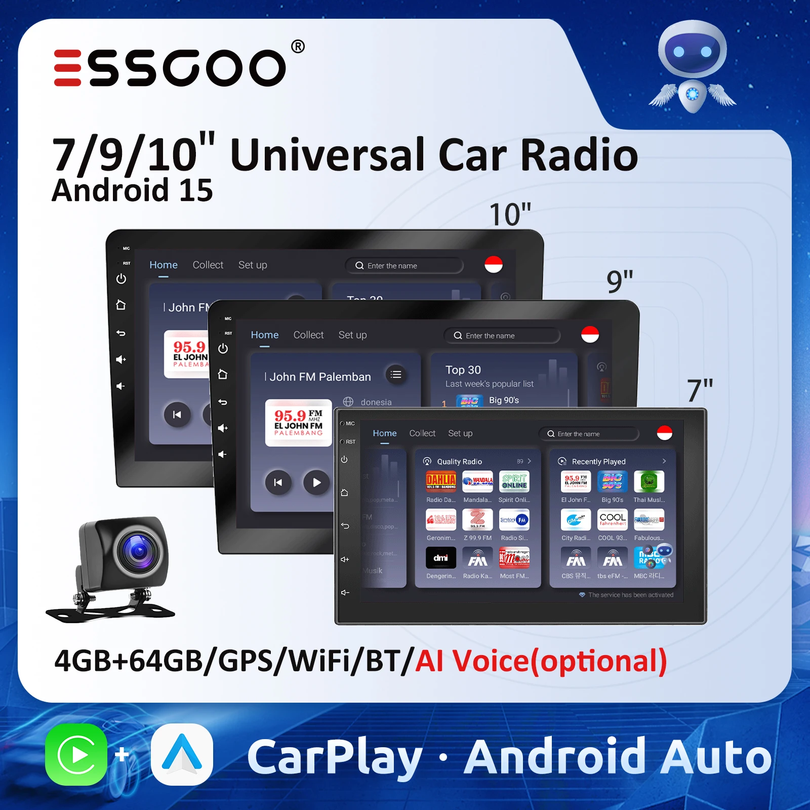 

ESSGOO Wireless Carplay Android Auto Car Radio 7 9 10" 2 Din Universal Multimedia Player Autoradio Stereo With 720P AHD Camera