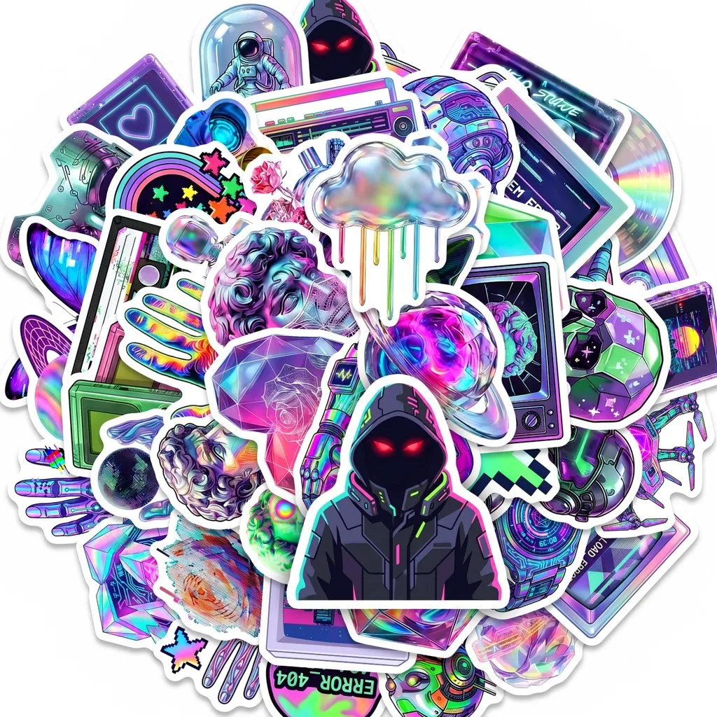 50Pcs Unique Neon Cyberpunk Stickers, Waterproof Decals for Luggage, Journal & Tech Gear DIY Decor Papery Pop Store