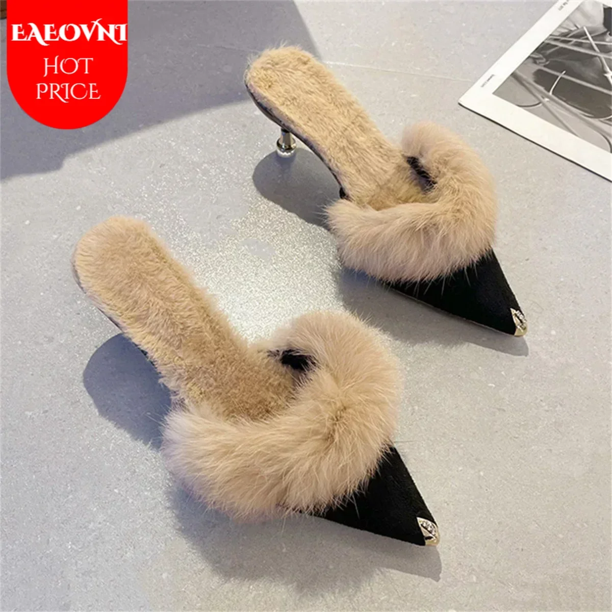 Women High Heel Shoes 2024 Fur Slippers Mules Pointed Toe Furry Slides Fashion Elegant Luxury Designer Flip Flops Office Pumps