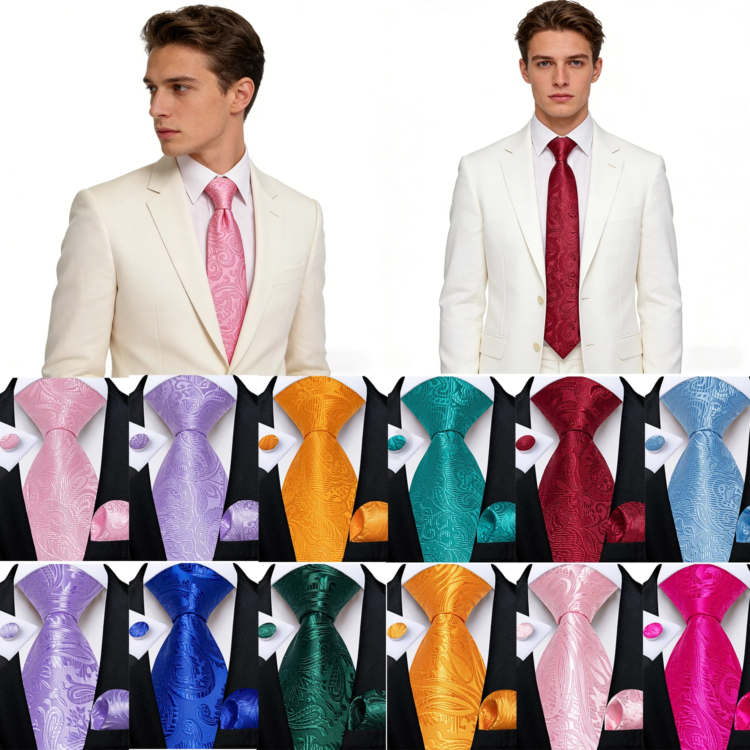 Cravates pour hommes à motif floral Paisley, rose, bleu turquoise, rose, accessoires de mariage, ensemble cravate, pochette, boutons de manchette, cadeau pour hommes