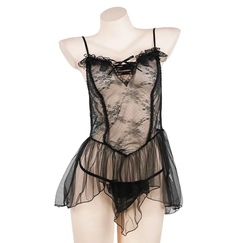 

Прозрачная кружевная ночная рубашка с V-образным вырезом, ночное платье на бретельках с нерегулярным подолом и бантом, прозрачное нижнее белье, кружевная сетчатая ночная рубашка для сна