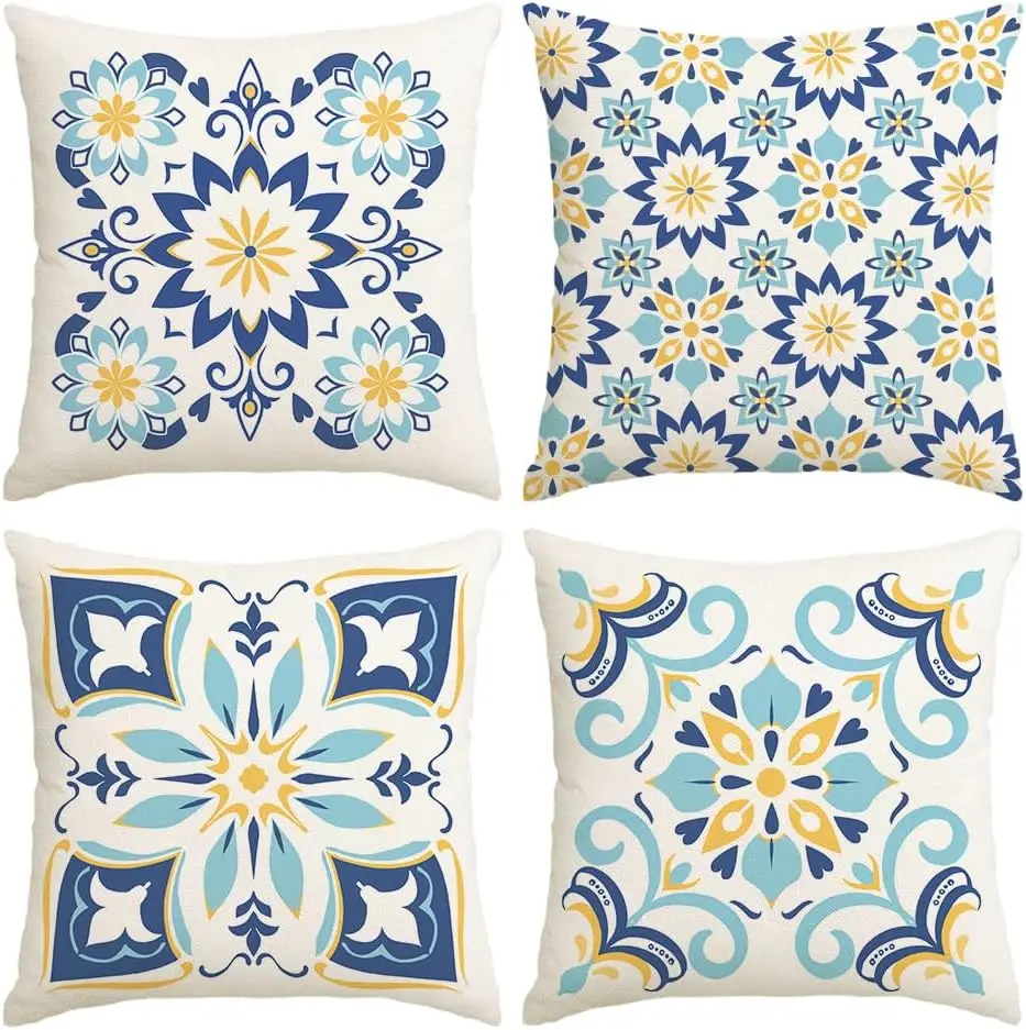 4Pcs Blue Yellow Tile Throw Pillow Covers with Moroccan Inspired Floral Pattern Cushion Cases for Refreshing, Bohemian Home