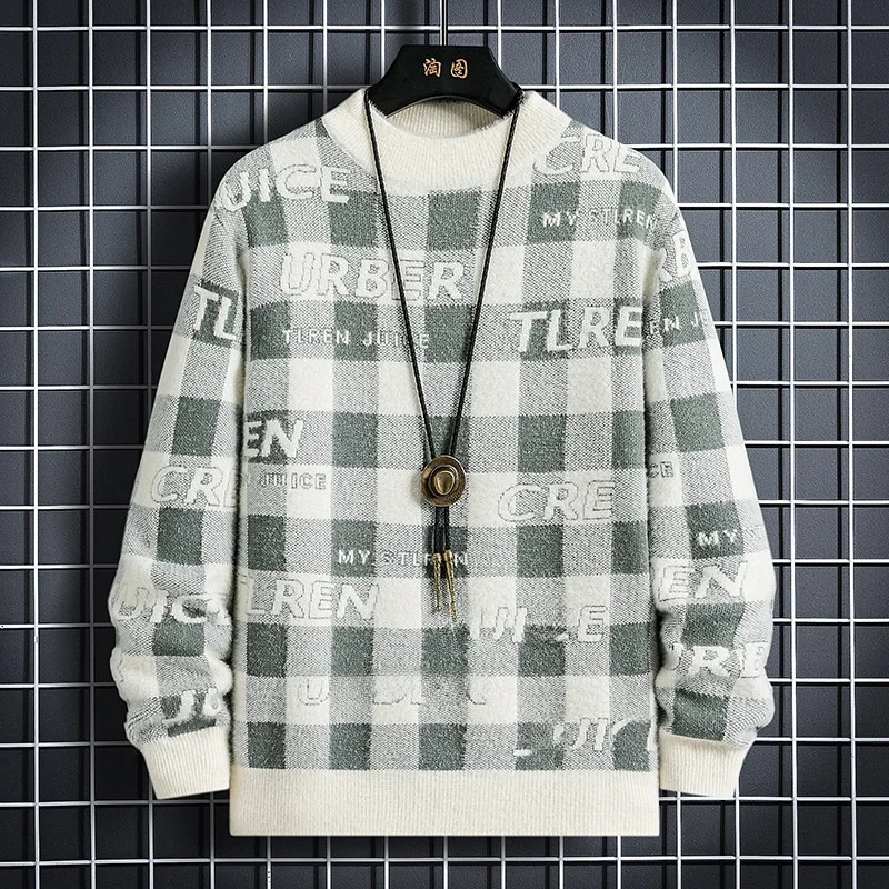 

Autumn Winter Men's Faionable Casual Knitted Sweater f High Collar Plaid Base Layer irt Top Thiened Long Sve