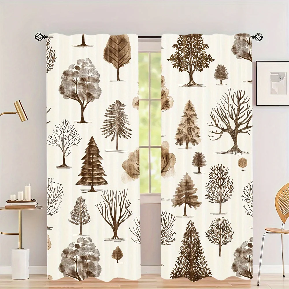 Rustic Tree Print Curtains Pair 2 Pcs Beige Botanical Woodland Window Curtains Set for Living Room Home Decor