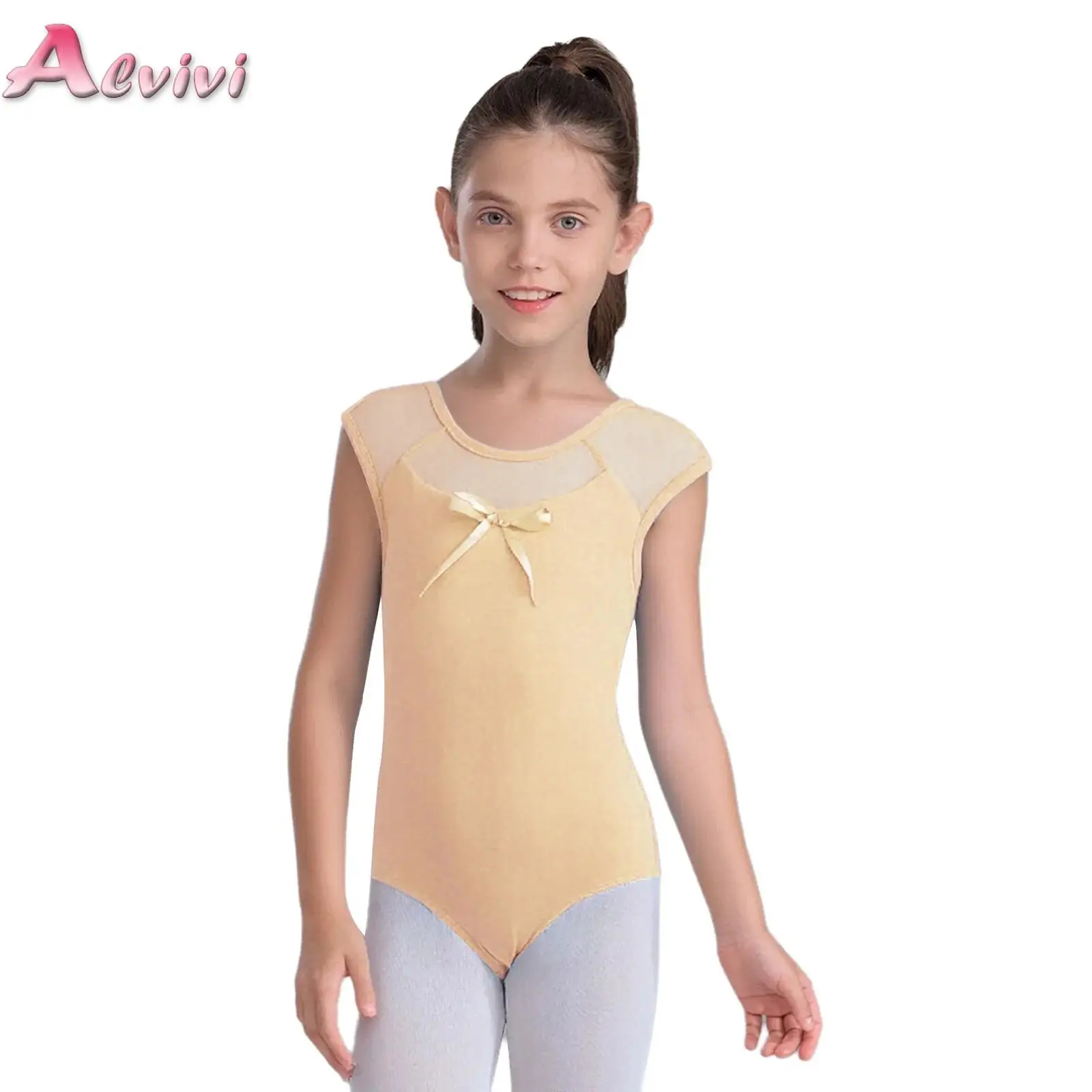 

Kids Girls Sleeveless Knot Cutout Back Sheer Mesh Patchwork Bow Leotard Rhythmic Gymnastics Ballet Dance Figure Skating Costume