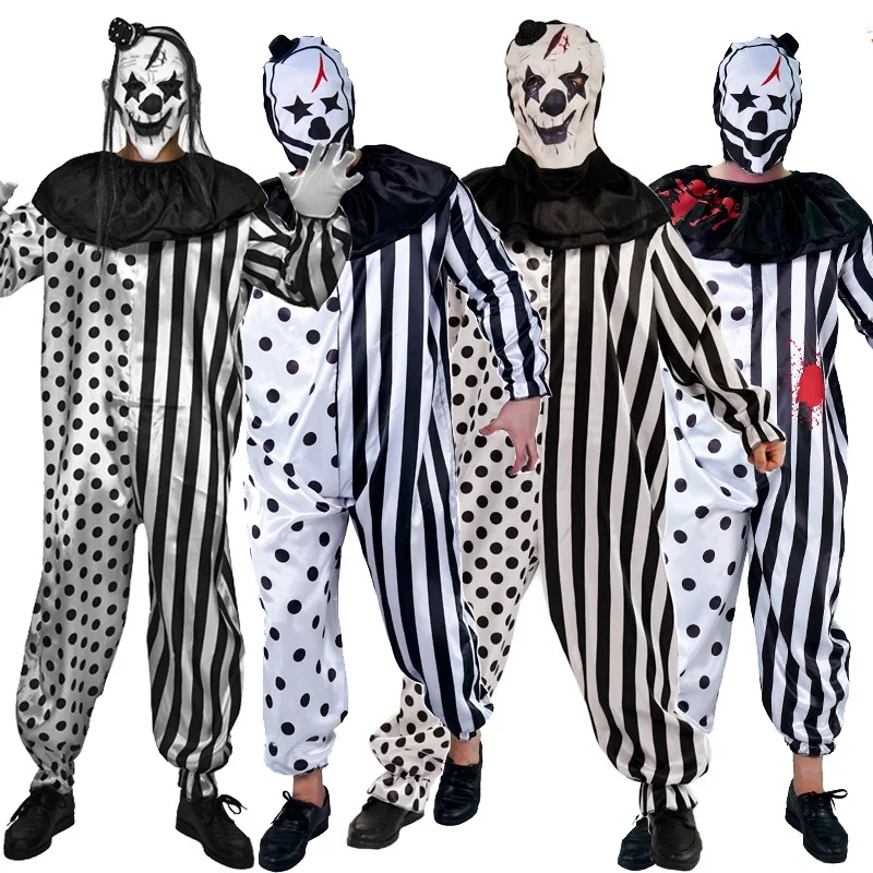 

Halloween adult horror bloody killing clown costume big male black and white game evil clown performance costume cos