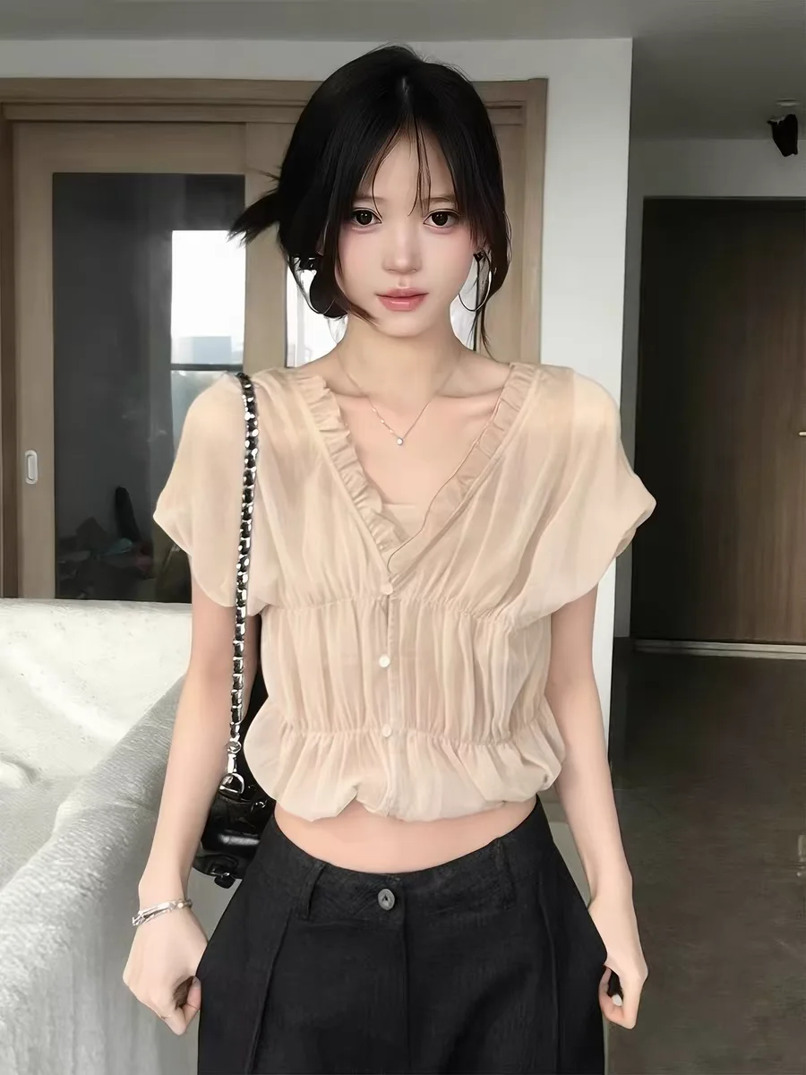 

French Style Pleated Chiffon Shirt Short Sleeve V-Neck Women's Summer Top Breathable Skin-Friendly Micro-Elastic Fashionable