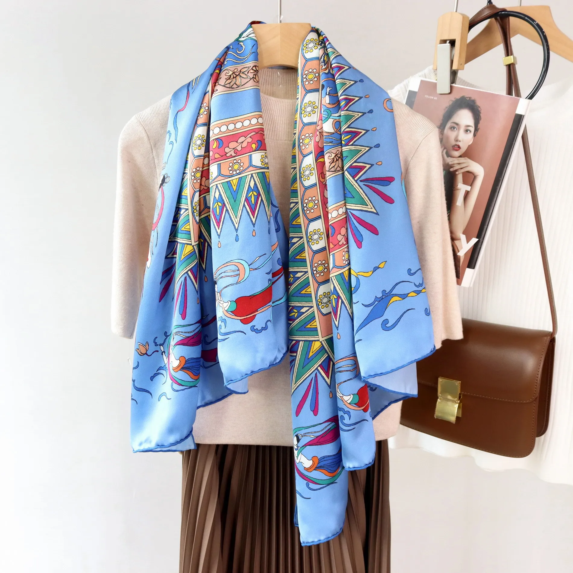 110CM Silk Scarf 12MM Luxury Hand Rolled Bandanas Oversized Square Blue Shawls Hair Neck Belt Scarves Soft Hijab