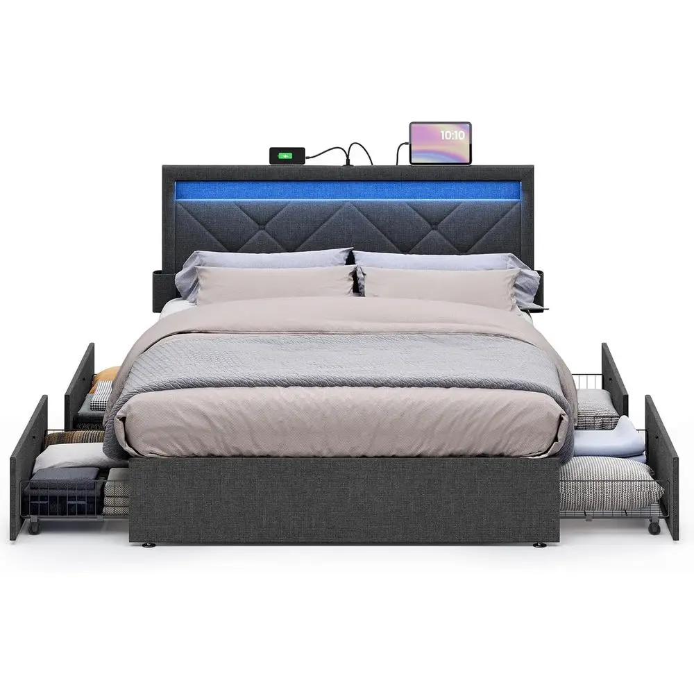 

LED Bed with Full Size, Board Included, 4 Drawers, USB & Type C Ports, Adjustable Upholstered Headboard, 37.1-39.6 Inches, No Bo