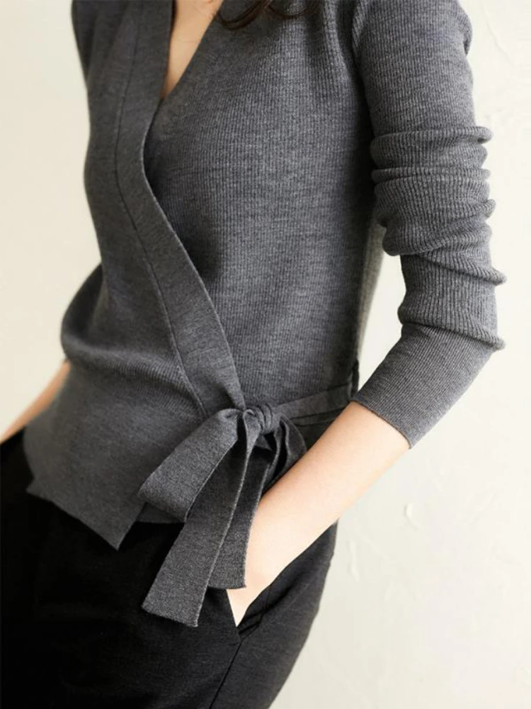 Lace-up Cardigans Women Elegant Office Lady Mature Temperament Solid Simple New Spring Knitwear Chic V-neck Soft Casual Sweaters