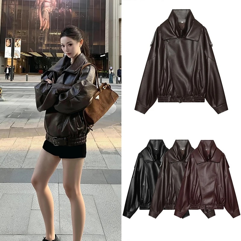 Guobioziy Women's Casual Loose Leather Jacket 2026 Spring-Autumn Edition Western Fashion Trend Light Luxury Motorcycle Street