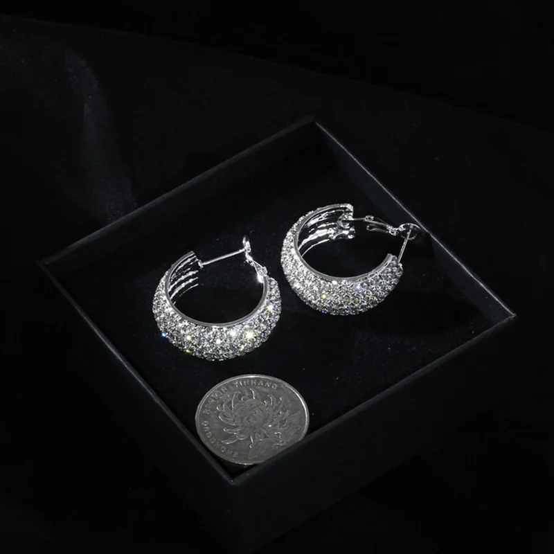 Diamante Silver Color Rhinestone Hoop Earrings for Women Crystal Statement Circle Earings Celebrity Wedding Party Jewelry