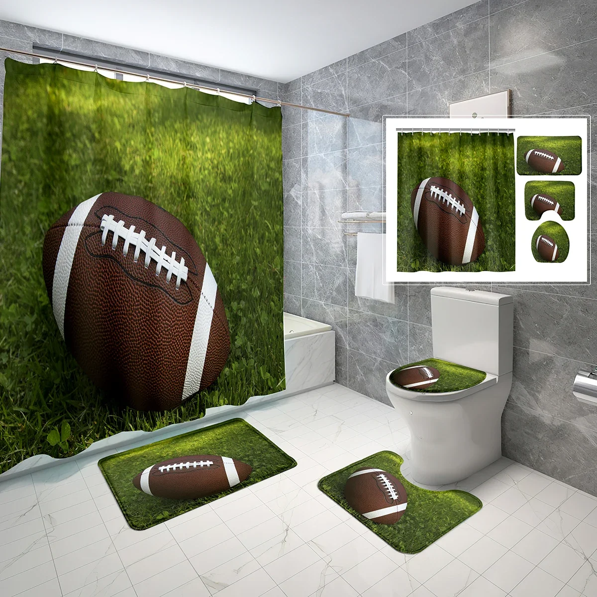 Rugby Shower Curtain Sets 4 Pcs with Non-Slip Rugs Mat Toilet Lid Super Bowl Youth Sports Style Waterproof Shower Curtain Set