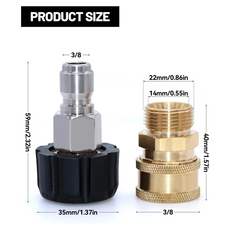Pressure Washer Adapter M22 14mm/15mm Swivel to 3/8' Quick Connect Disconnect Kit Internal Thread to External Thread 5000 PSI