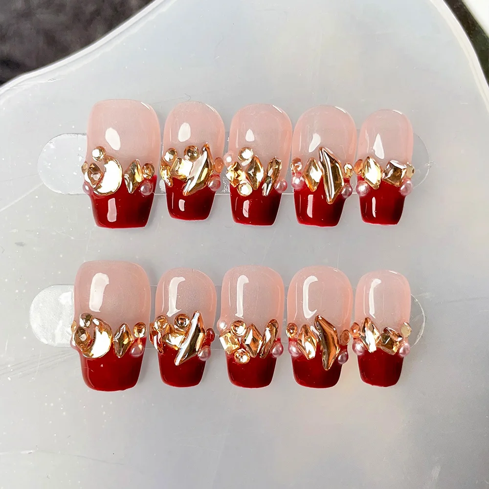 10pcs Short Trapezoid Handmade Press On Nails Kit, Wine Red Fake Nails, Noble Elegant Wearable Nail Art, Rhinestone Ring