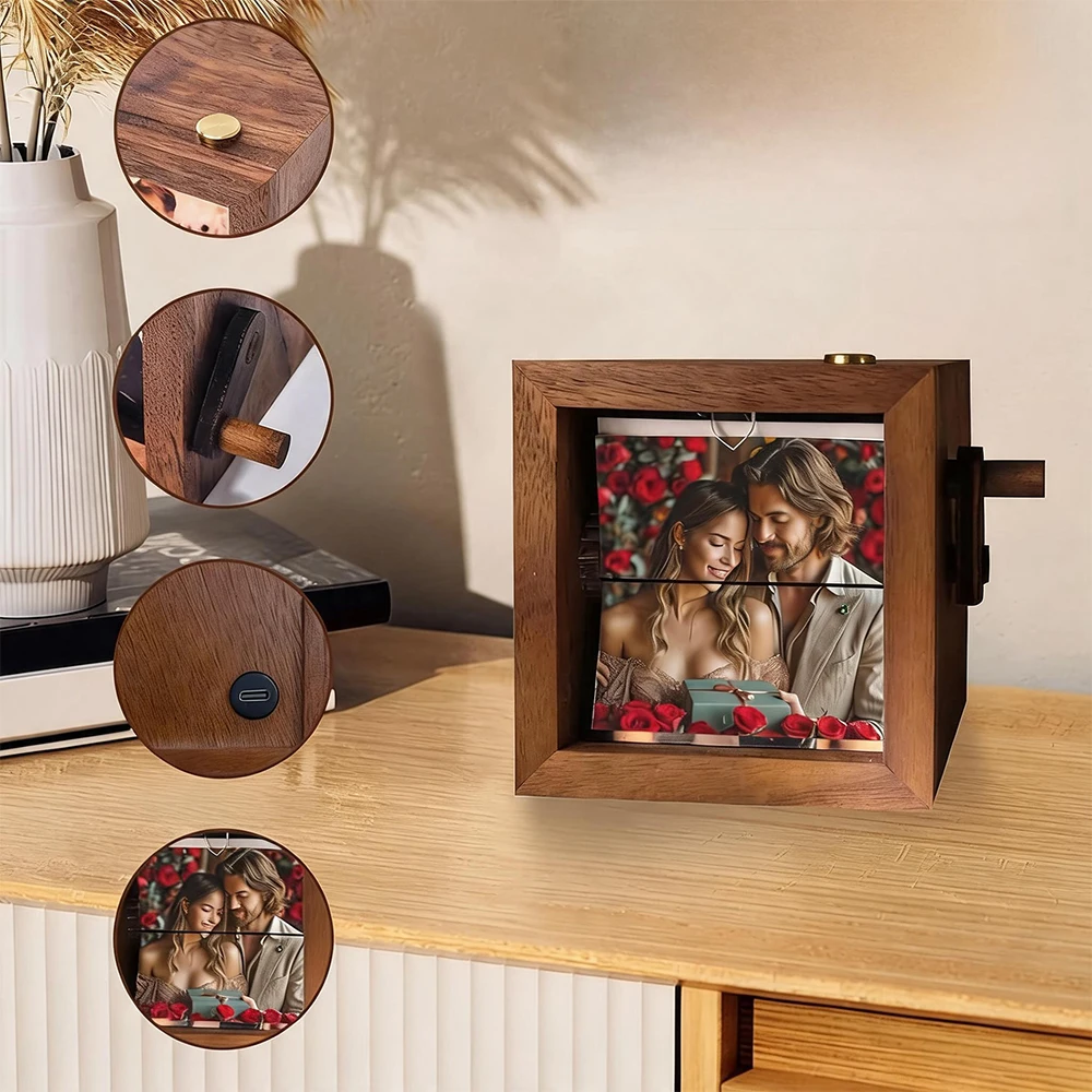 Cornice Fotografica in Legno con Coperchio a Ribalta e Manovella Leggera, Album Fotografico Animato Personalizzato per Compleanni, Regali da Scrivania, Decorazioni per la Casa