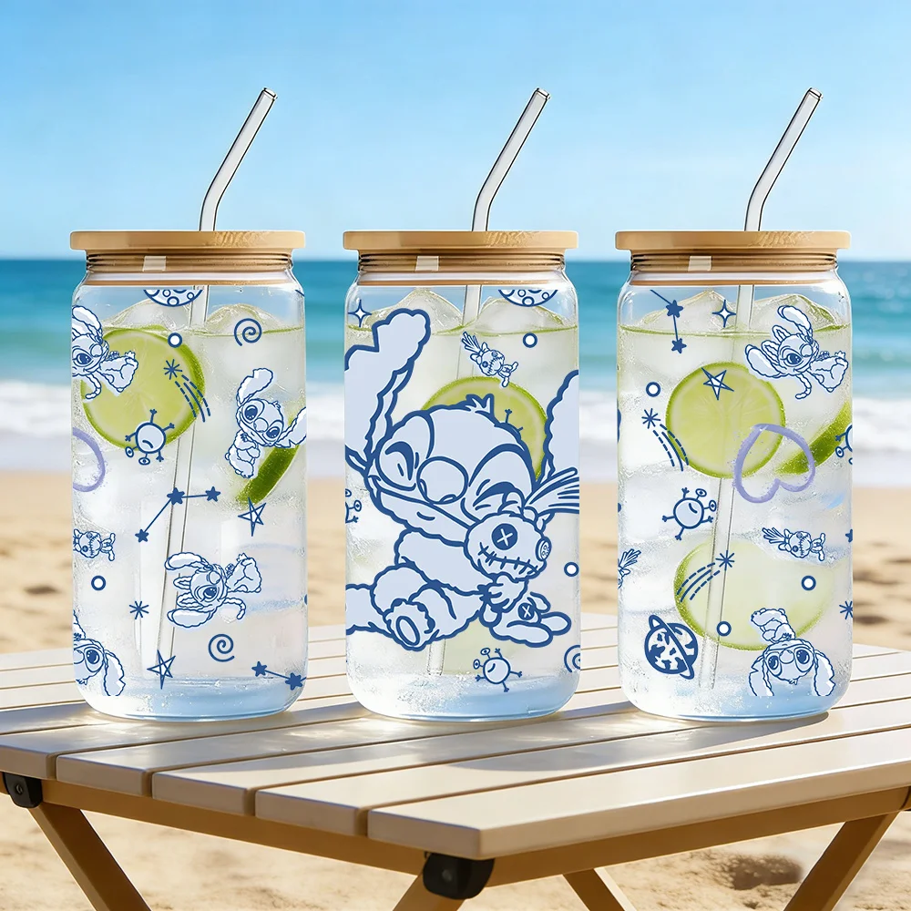 1 Stück 16oz Stitch Glasbecher mit Bambusdeckel & Strohhalm, Niedlicher Cartoon-Borosilikatglas-Becher für Eiskaffee Saft Zuhause Büro