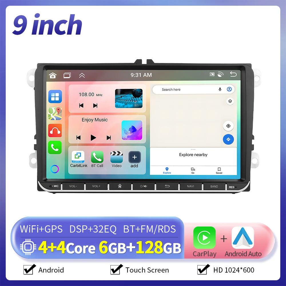 Camecho 7/9 Inch 6 + 128G Android Autoradio GPS Carplay voor VW Volkswagen Golf 5 6 Touran Passat B6 Polo Jetta Sharan Seat Skoda