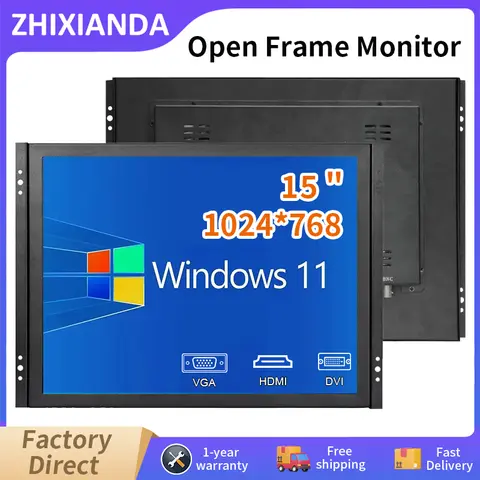 Zhixianda Open Frame Monitor 15 Inch 1024*768 Square Screen 4:3  Industrial Grade Display  With DVI HDMI VGA  Interface