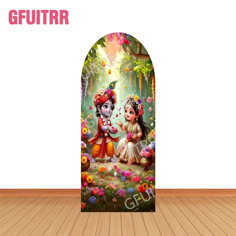 Yasodha and Krishna Arch Backdrop Indian Theme Baby Shower Decor Birthday Party Photography Backdrop Double-side Zipper Covers