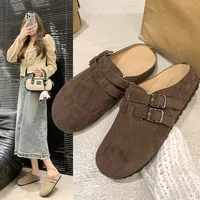 Spring 2025 Women's Mid Heel Slip-On Shoes Rubber Flat Bottom Faux Suede Matte Leather Head Cover Versatile Comfortable Slippers
