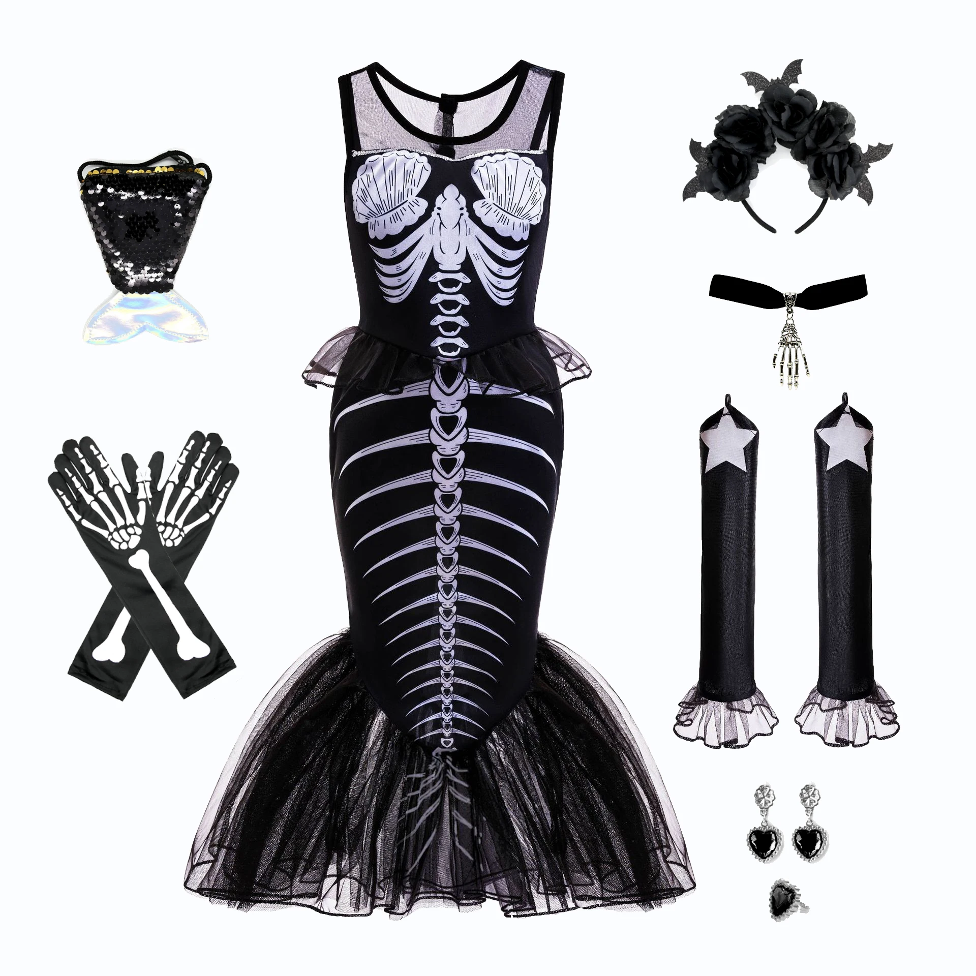 Diablo Gothic COS Skull Mermaid Girl Princess Dress Halloween Girl Carnioval Black Mermaid Fishtail Dress Kids Eveing Costume
