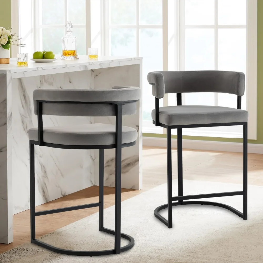 

Set of 2 Grey Modern Velvet Bar Stools with Barrel Backrest, Upholstered Seat, and Black Metal Footrest – 25.6-Inch Seat Height,