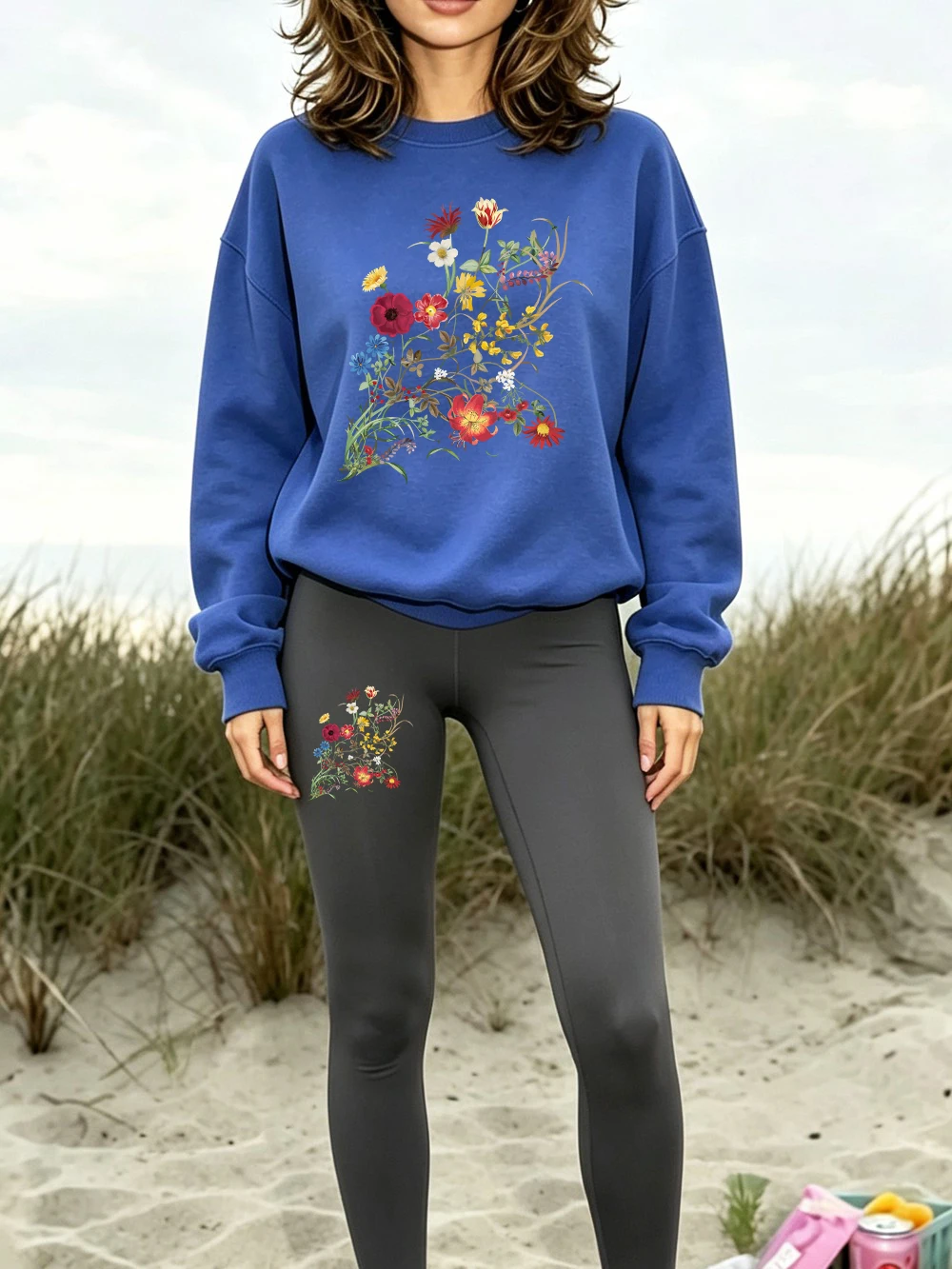 2Pcs Womens Beautiful Flowers Born In The Sun Printing Leggings Pant Set Winter Thermal Warm Sweatshirt Street Fleece Clothes