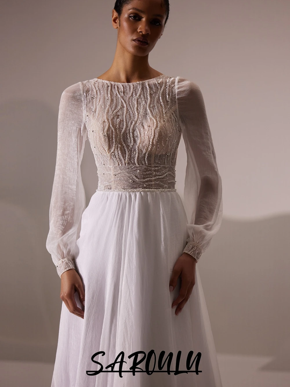 

SAROULU Modern Open Back Beaded Beach Wedding Dress Romantic A Line Plus Size Bride Wear Customized Long Sleeves Bridal Gown