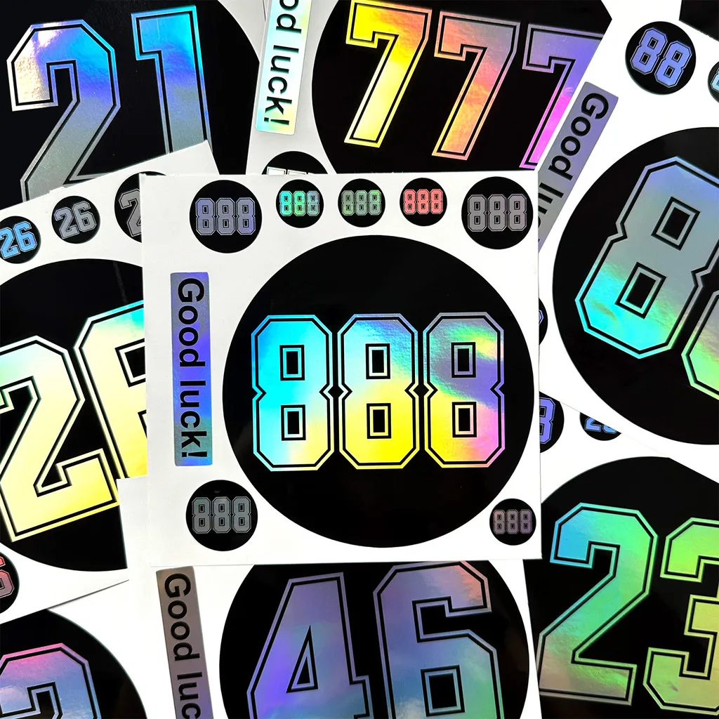 Iridescent Holographic Laser Effect Motorcycle Racing Number Sticker Lucky Number Decal Helmet Tank Dirt Bike ATV Vinyl Stickers