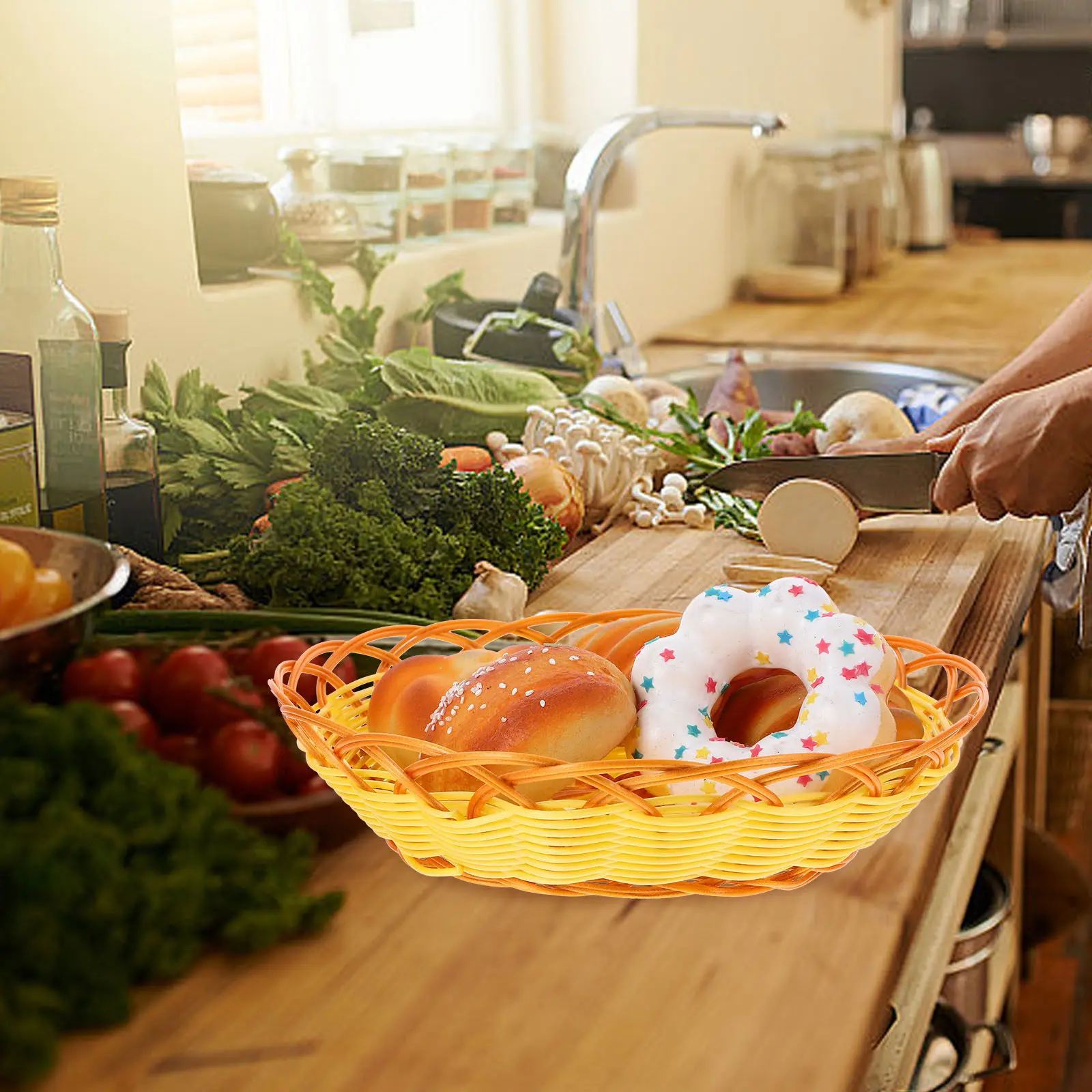 1Pcs Premium Plastic Simulation Rattan Basket for Bread Snacks Vegetables Fruits Storage Living Room Bathroom Hotel Use
