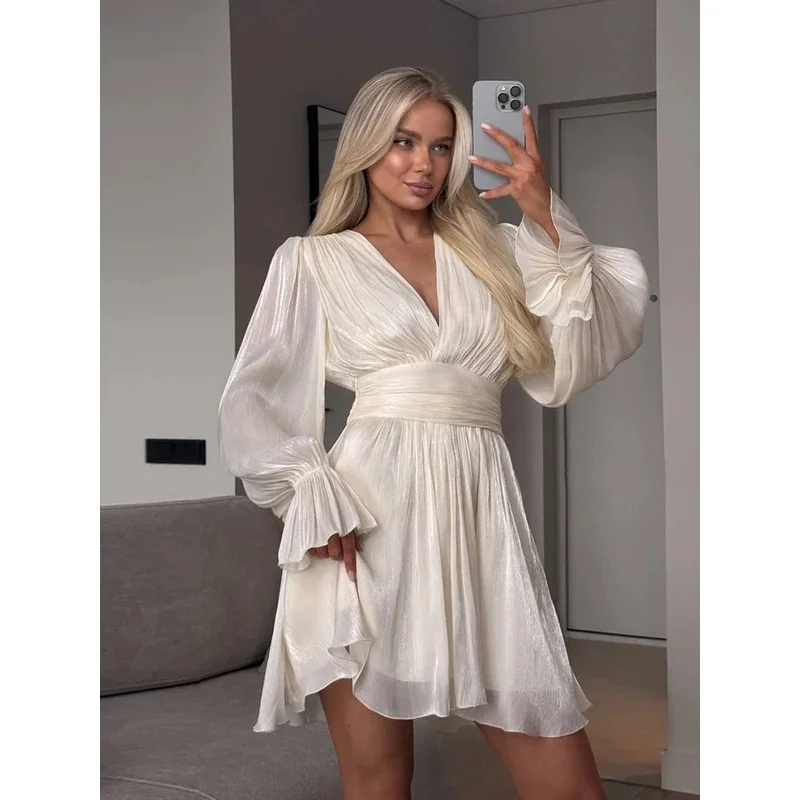 Elegant Pleated V-neck Mini Dress Women Long Flare Sleeve High Waist A-line Slim Shiny Vacation Party Short Dress 2026 Autumn