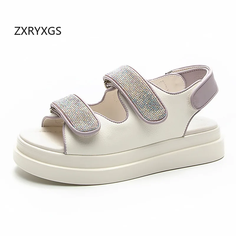 ZXRYXGS 2026 Summer Open Toe Genuine Leather Spell Colors Rhinestone Women Fashionable Sandals Platform Shoes Heighten Sandals