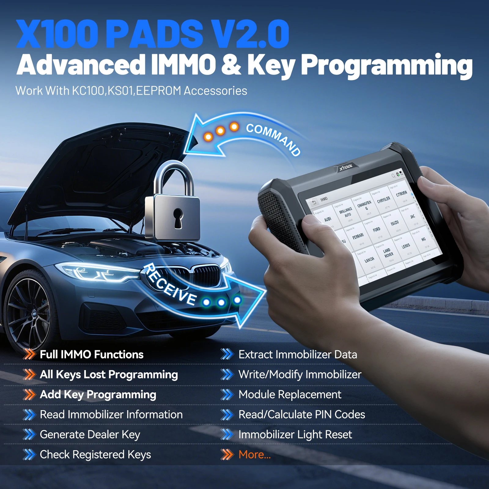 XTOOL X100PADS Car Key Programming Tool IMMO All Key Lost Add Key All System Diagnostic Scanner 32 Reset Support CAN FD DoIP FCA