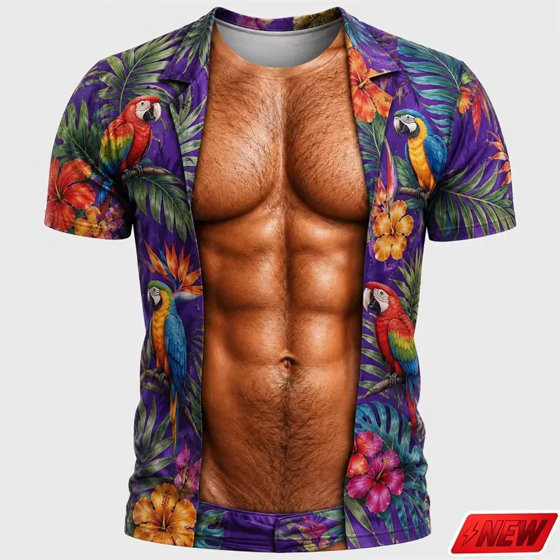 Fake Muscle Hawaiian Style 3D Print Sports Quick-dry Breatha Men T-shirt Street Casual Role-playing Party Unisex Short Sleeved
