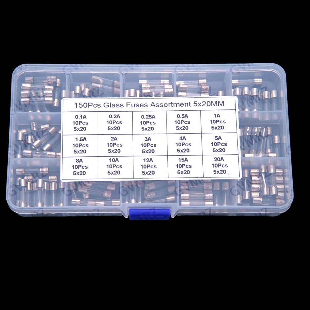 15Values 0.1A-20A 0.1A 0.2A 0.25A 0.5A ​​150PCS 5x20mm Glass Fuse Sets: 1A 1.5A 2A 3A 4A 5A 8A 10A 12A 15A 20A