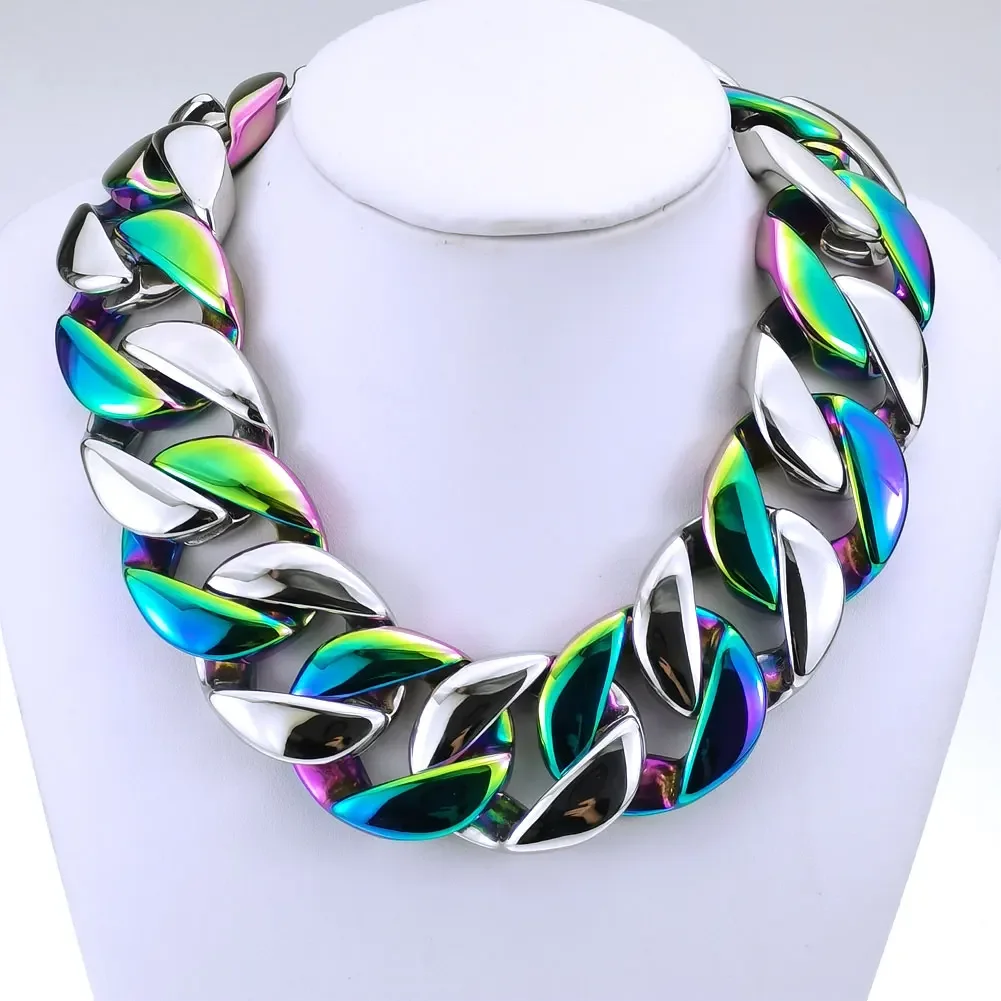 Heavy 316l Stainless Steel 32mm Solid Necklace Steel and Rainbow Dual Colors Men's Jewelry