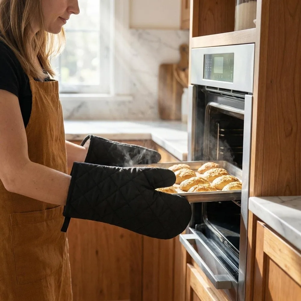Quilted Cotton Oven Mitts Non-Slip Anti-Scalding Microwave Oven Gloves Heat Resistant Hanging BBQ Baking Gloves Kitchen Cooking
