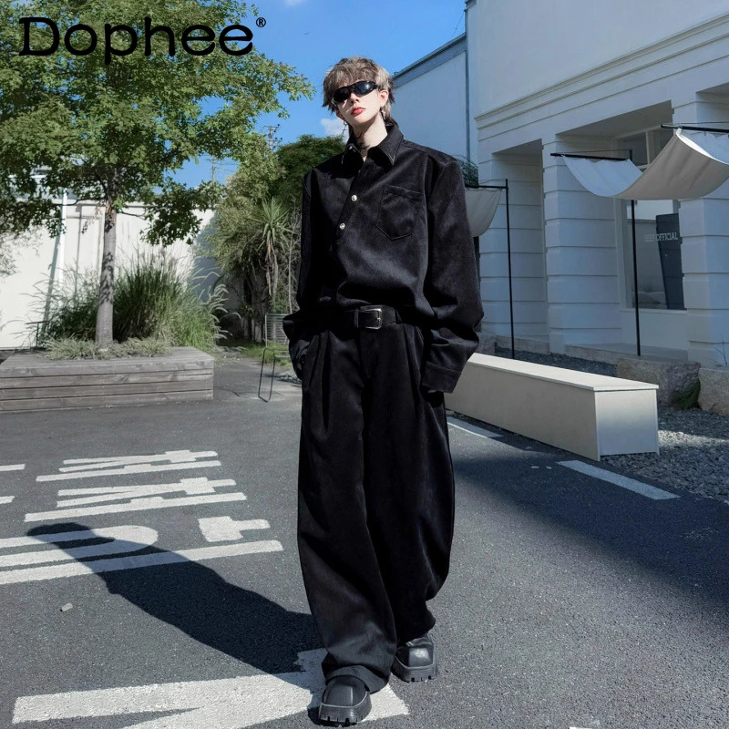 

Осень 2023, однотонный свитшот с диагональной планкой и лацканами, комплекты брюк, мужские элегантные красивые широкие длинные брюки, комплекты из двух предметов