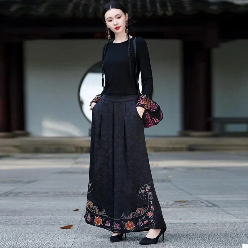 

2025 new chinese national style embroidery wide leg pants women casual straight pants loose retro style elastic waist pants