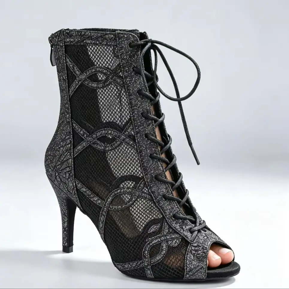 Evk Women Open Toe Latin Dance Boots Black Mesh Lace Up Back Zipper High Heel Salsa Tango Ballroom Competition Dance Shoes