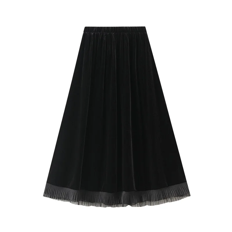 Light Luxury Warm Velvet Pleated Skirt Autumn and Winter Women's Fashion Solid Color High Waist Lace Flower Office Casual Skirt